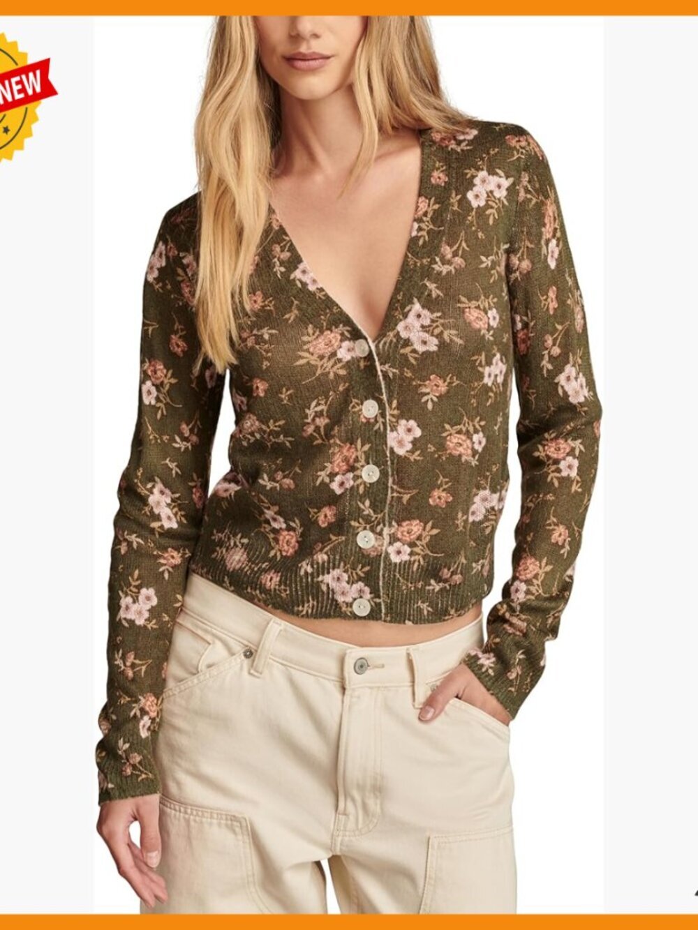 Floral Print Cardigan with Button Front and Ribbed Details